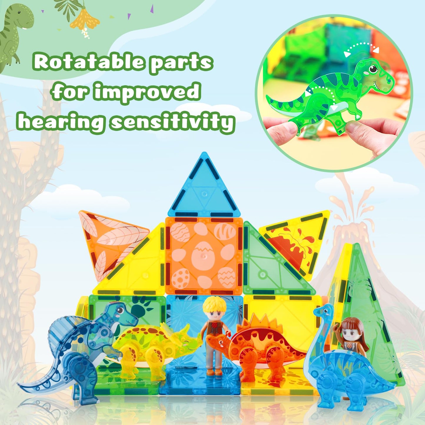 Benoker Dinosaur Magnetic Tiles,Animals Magnet Building Blocks Toys Dino World,3D Stem Educational Magnet Tiles For Boys Girls K