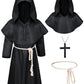 Kids Medieval Renaissance Monk Costume Priest Friar Wizard Cloak Hooded Robe Cosplay Costume Belt Necklace Set(Bk 150)