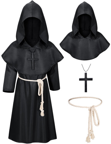 Kids Medieval Renaissance Monk Costume Priest Friar Wizard Cloak Hooded Robe Cosplay Costume Belt Necklace Set(Bk 150)