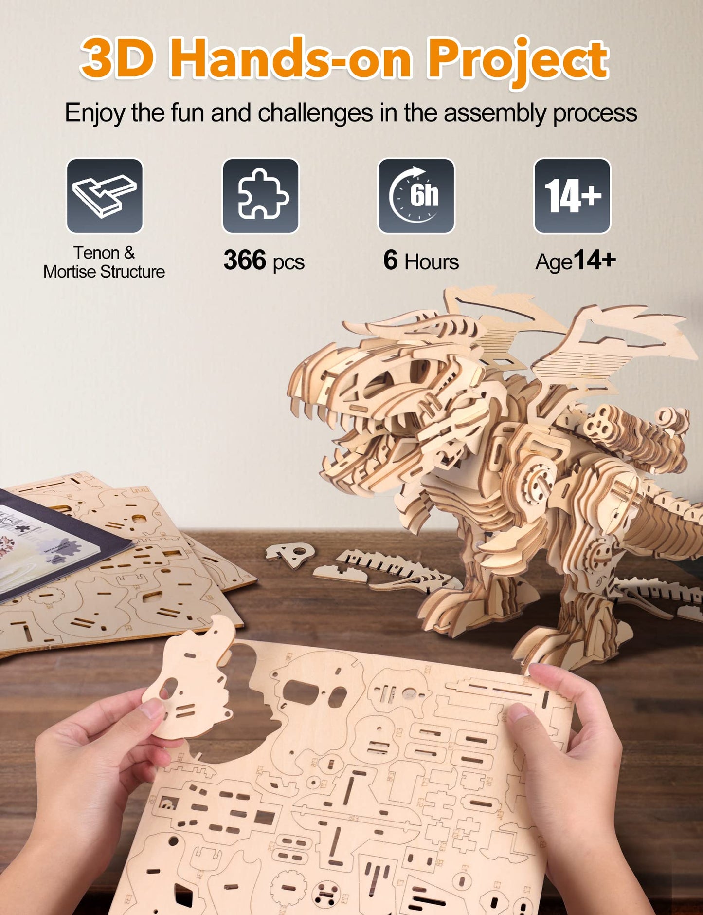 Miebely 3D Wooden Puzzles For Adults - T-Rex Dinosaur Model Kits Can Walk And Roar, Mechanical Dinosaur Toys For Boys Kids Ages