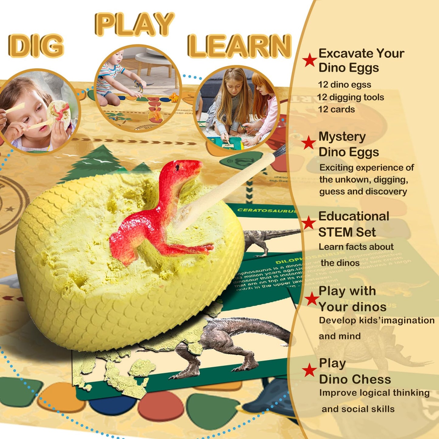 Dinosaur Eggs Dig Kit Toys - 12 Dino Fossil Eggs Excavation Kit W Play Mat For Kids Easter Party Favor Basket Stuffers Stem Toy