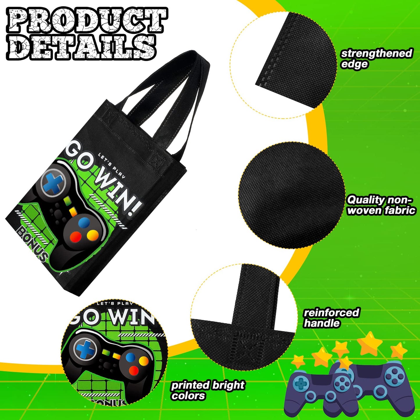 Ferraycle 24 Pack Video Game Themed Gift Bags Video Game Party Favors Non Woven Reusable Goody Treat Bags With Handles (Black An