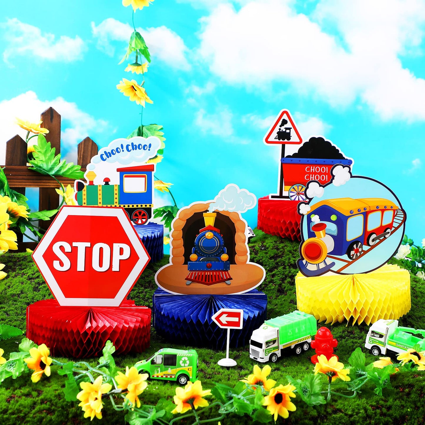 Spakon Train Birthday Party Decorations - 9 Pcs Railroad Honeycomb Centerpieces, Colorful Cardboard Table Toppers for Kids & Baby Showers