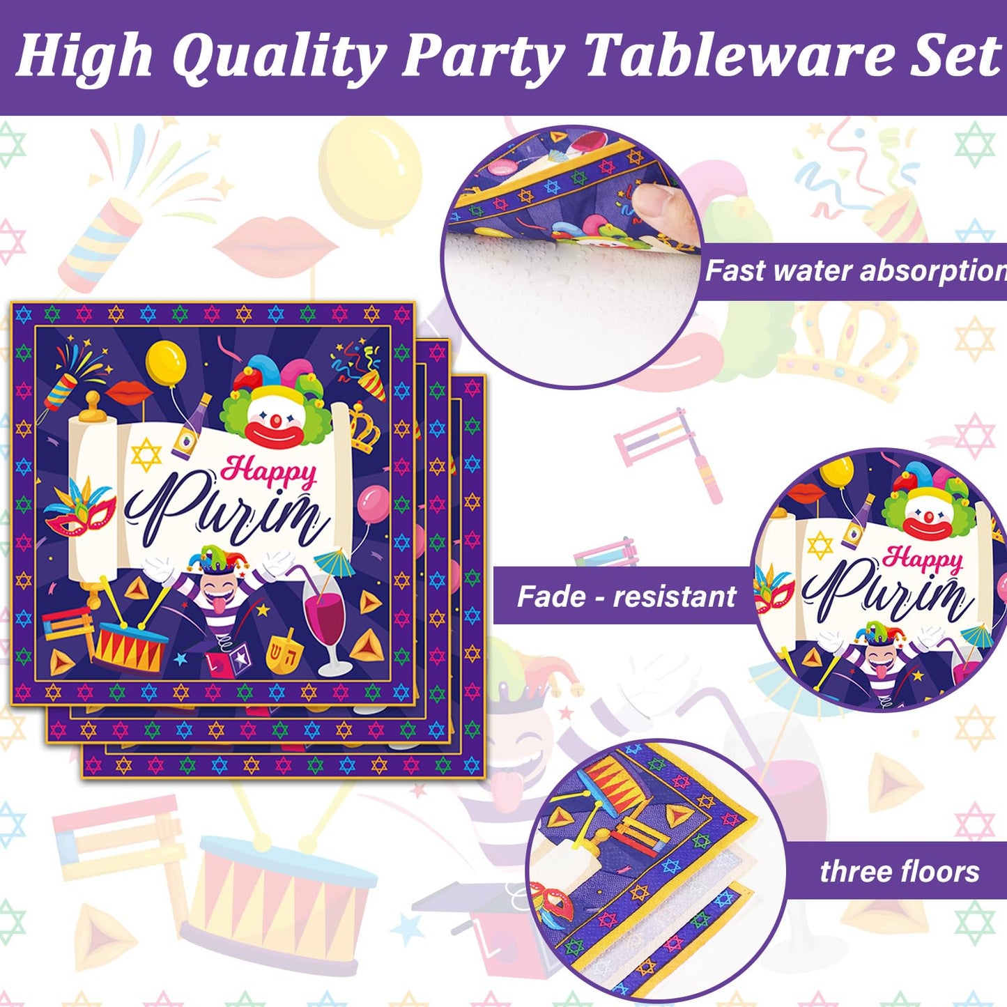 Gisgfim 96 Pcs Happy Purim Plates And Napkins Party Supplies Set Jewish Holiday Carnival Disposable Tableware Decorations Favors