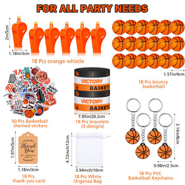 158 Pcs Basketball Party Favors Set 18 Basketball Keychains 18 Silicone Bracelets 18 Mini Basketball 18 Whistles 50 Stickers 18