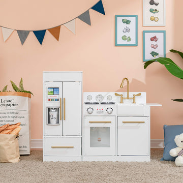 Teamson Kids Little Chef Charlotte Modern Modular Interactive Wooden Play Kitchen with Refrigerator, Stove and Sink in White wit
