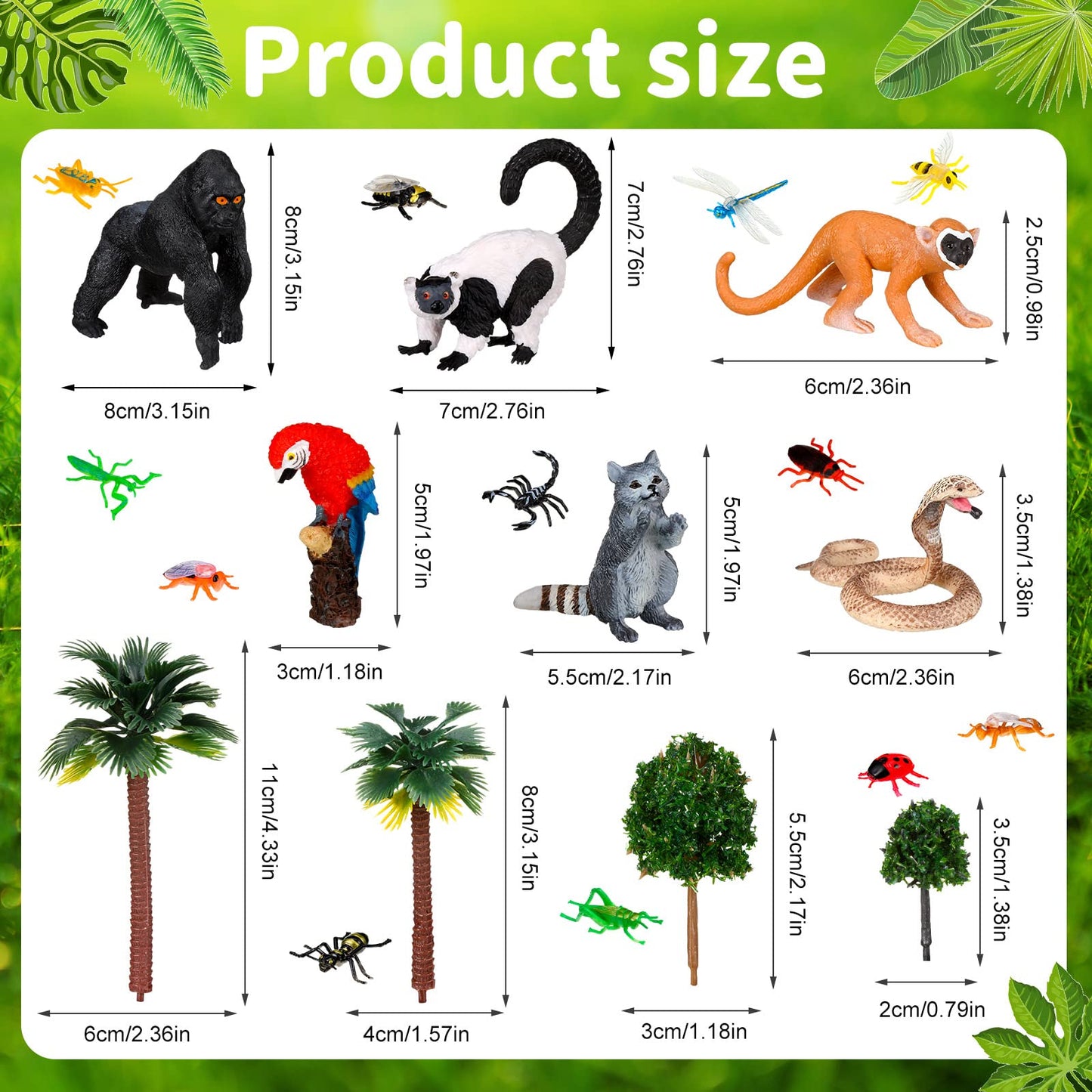 Jexine 25 Pack Rainforest Animals Figures Toys Set Assorted Creatures Rainforest Diorama Supplies Animals Model Trees for Birthd