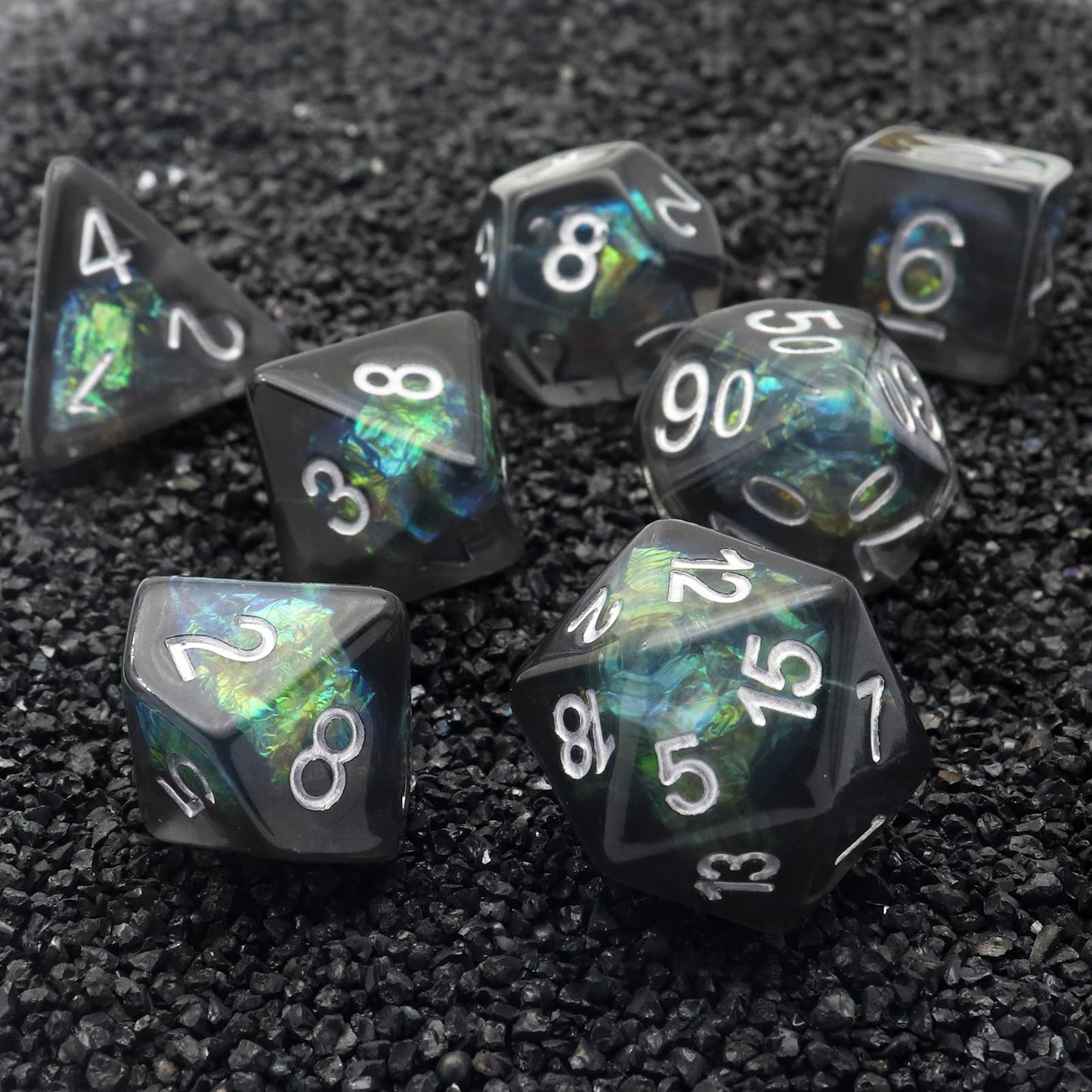 Haxtec DND Dice Set 7PCS Resin Dice Set Black with Iridescent Mylar Inclusion Polyhedral D&D Dice for Roleplaying Dice Games as