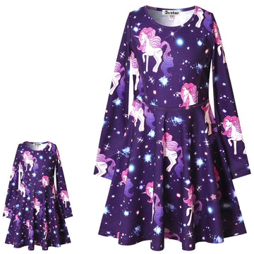Star Unicorn Twril Dresses Matching Doll&Girls Long Sleeve Birthday Gifts 4T 5T