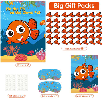 Neburora 2 Pack Pin The Fin On The Clownfish Party Game 2 Large 21''X 28'' Posters With 48Pcs Stickers Ocean-Themed Birthday Par