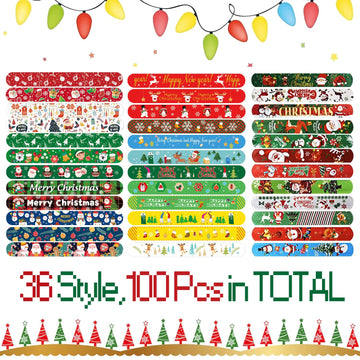 SUNPROUND 100Pcs Christmas Slap Bracelets, Christmas Party Favors for Kids, Christmas Stocking Stuffers, Christmas Toys For kid