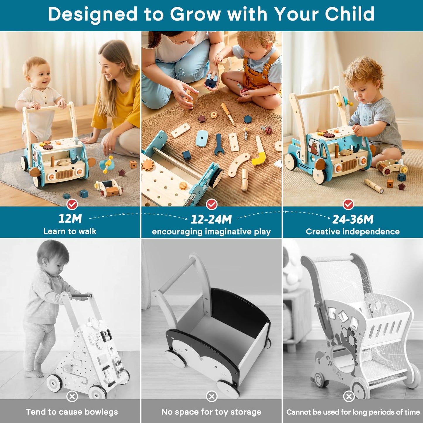 OESSUF 2-in-1 Wooden Baby Walker with 40 PCS Tool Toys - Baby Push Walker for 6-12 Months, Activity Center for Toddlers Aged 1-3