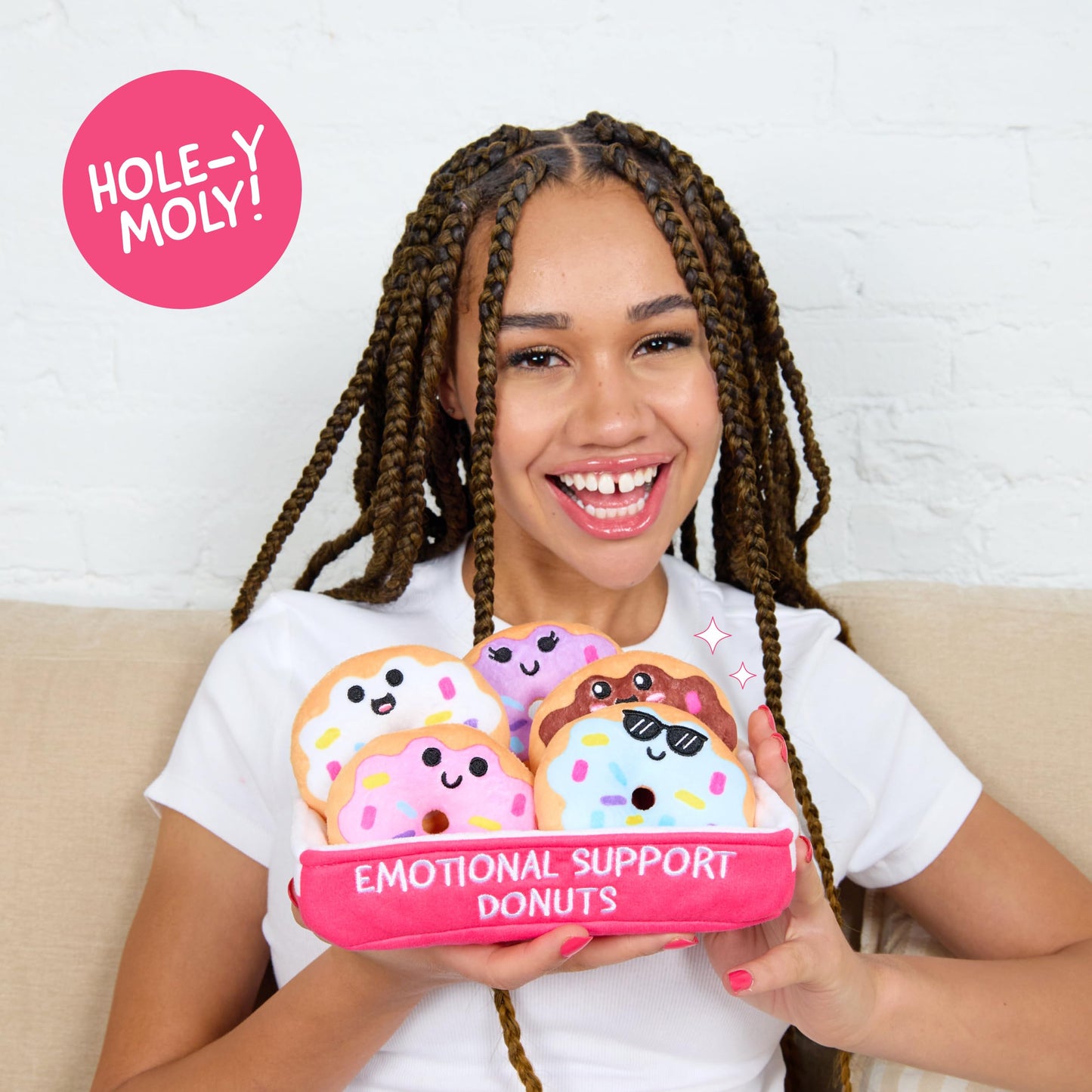 WHAT DO YOU MEME? Emotional Support Donuts Plushies Set, 5 Cuddly Toys with Basket, Multi-Color, Soft Polyester, Model ESDO587