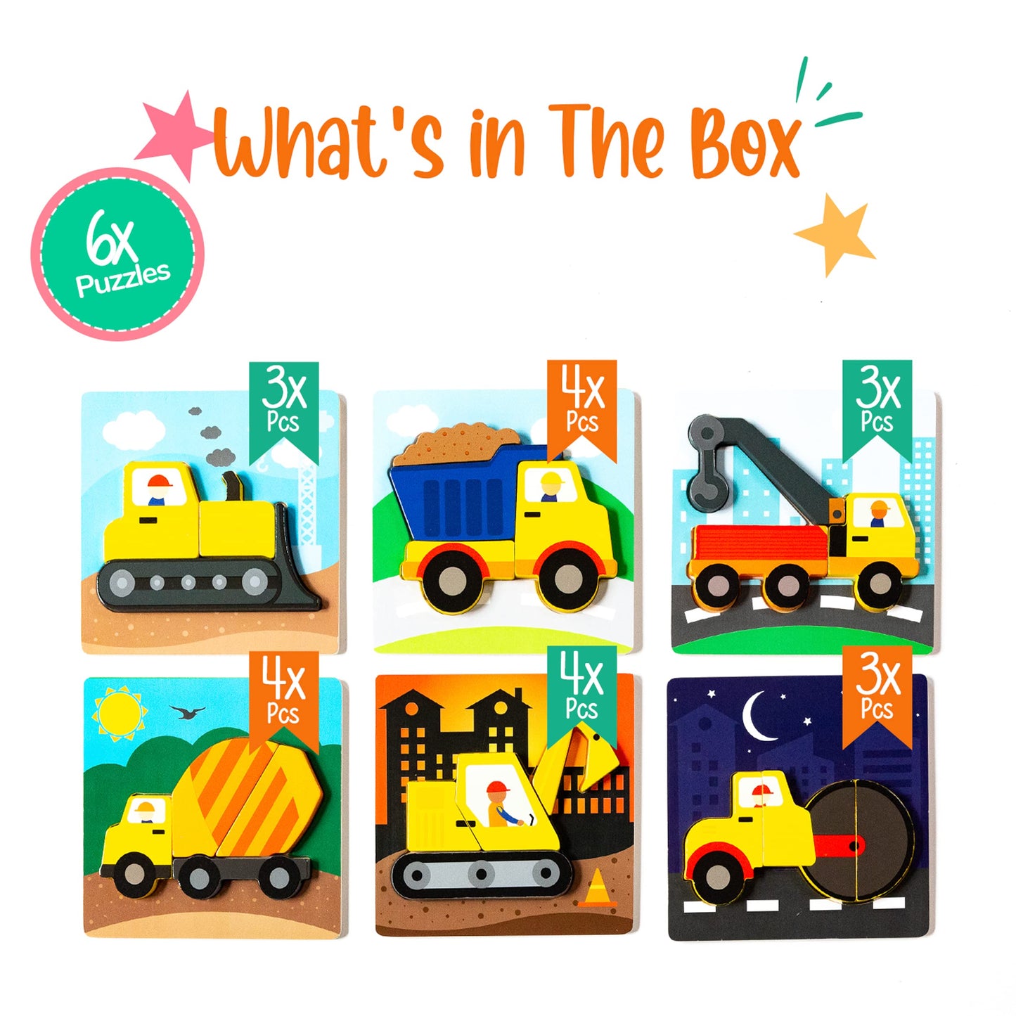 Klevly 6 Pk Construction Wooden Toddler Puzzles Ages 2-4 | Wooden Puzzles For Toddlers 1-3 | Montessori Toys For 2 Year Old | Le