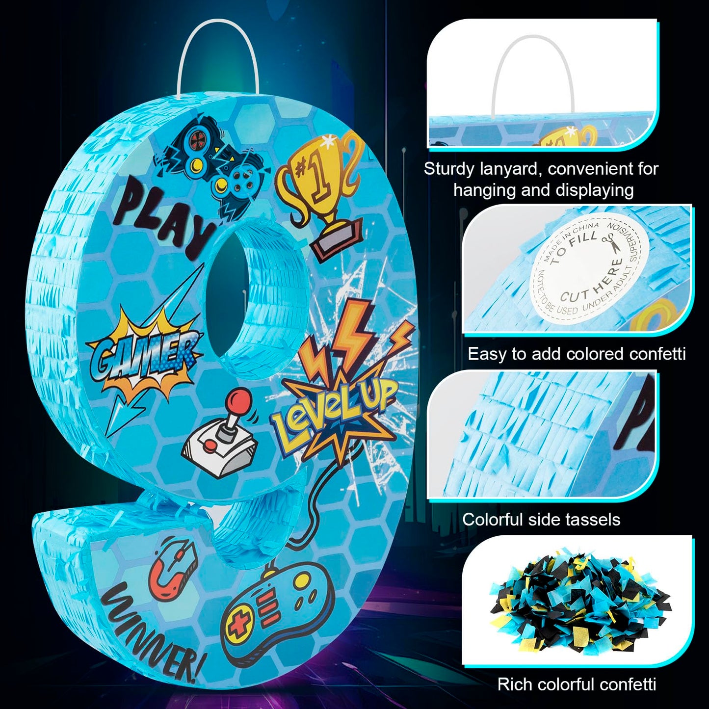 Simgoing Number 9 Video Game Controller Pinata - 16.5 Inch Gaming Theme Party Supplies for 9th Birthday Decorations With Confett