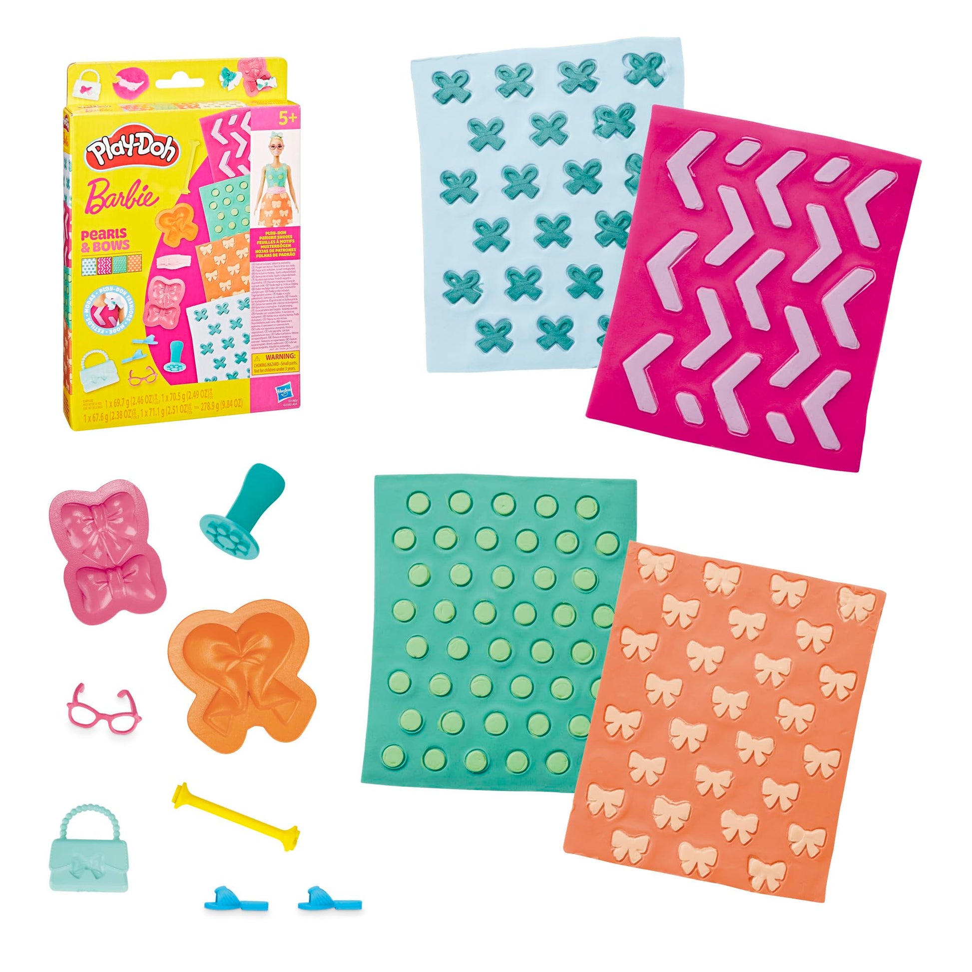 Play-Doh Barbie Pearls and Bows Accessory Pack, 4 Refill Pattern Sheets of Modeling Compound, 8 Fashion Accessories, Kids Arts a