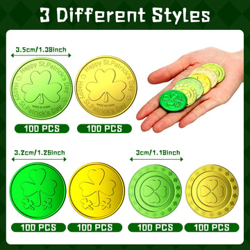 Sanwuta 600 Pieces St. Patrick's Day Gold Coins Plastic Gold Green Lucky Coins St Patricks Day Decorations 3 Leaf Clover Coins S