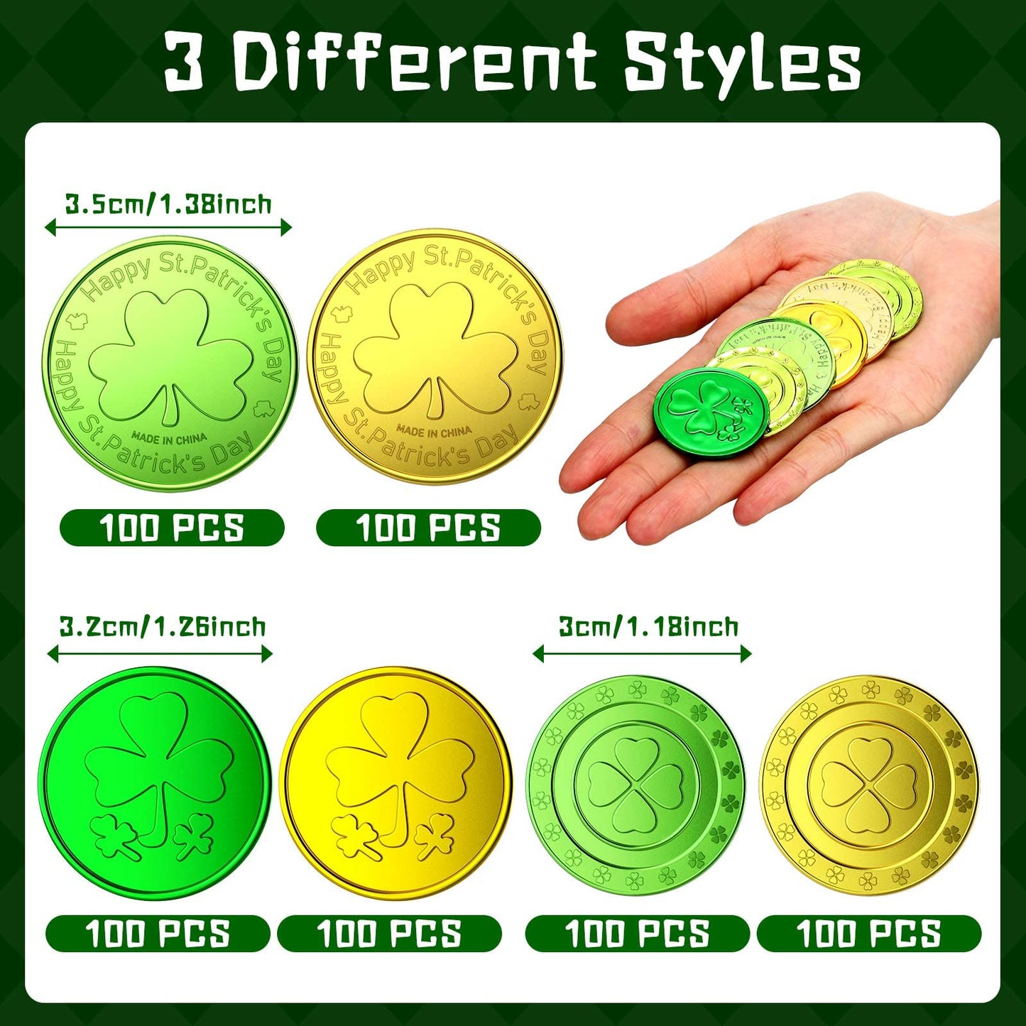 Sanwuta 600 Pieces St. Patrick's Day Gold Coins Plastic Gold Green Lucky Coins St Patricks Day Decorations 3 Leaf Clover Coins S