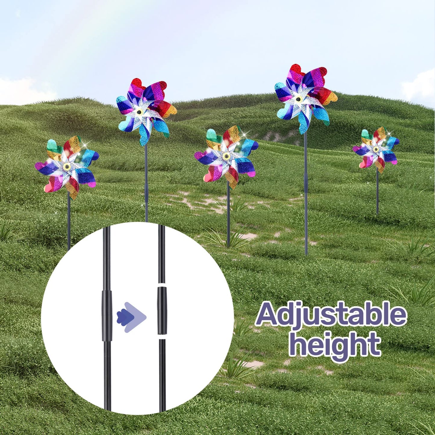 Battife 10 Pack Sparkly Rainbow Pinwheels, Reflective Wind Spinner For Yard And Garden With Stakes, Decor Windmill To Scare Bird