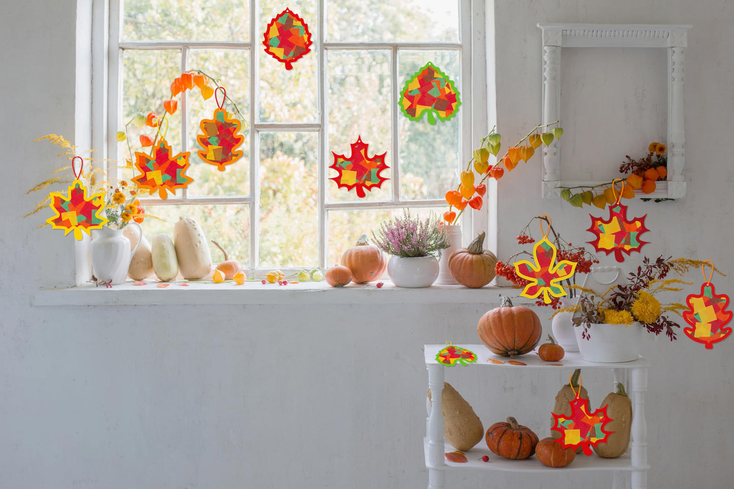Renbuzhu 40PCS Fall Crafts Bulk: Leaves Paper Suncatchers DIY Kit for Autumn Thanksgiving Activities Decorations, Window Stained