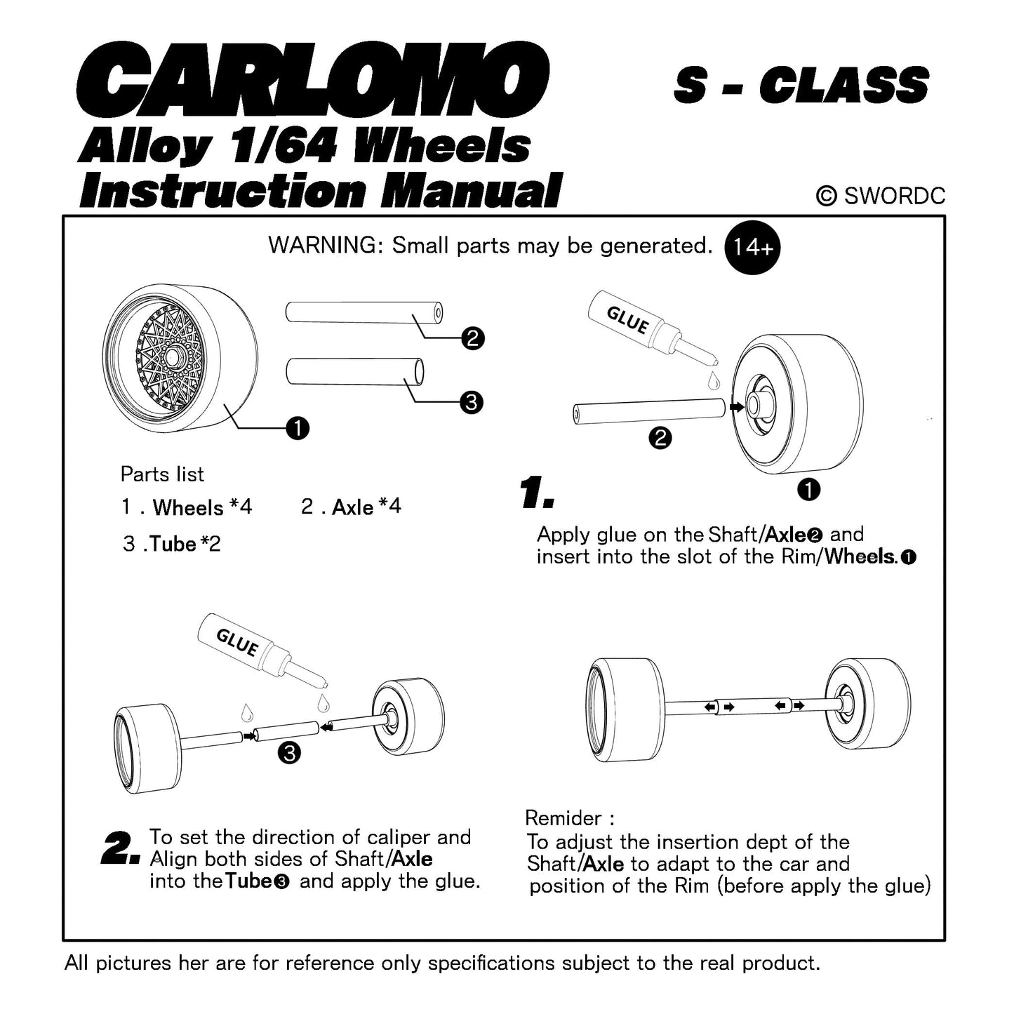 Carlomo 1/64 Scale S-Class Alloy Wheels Rubber Tires With Axles Detail Up Kits (4Pcs/1 Kit) Modified Parts For 1:64 Diecast Mode
