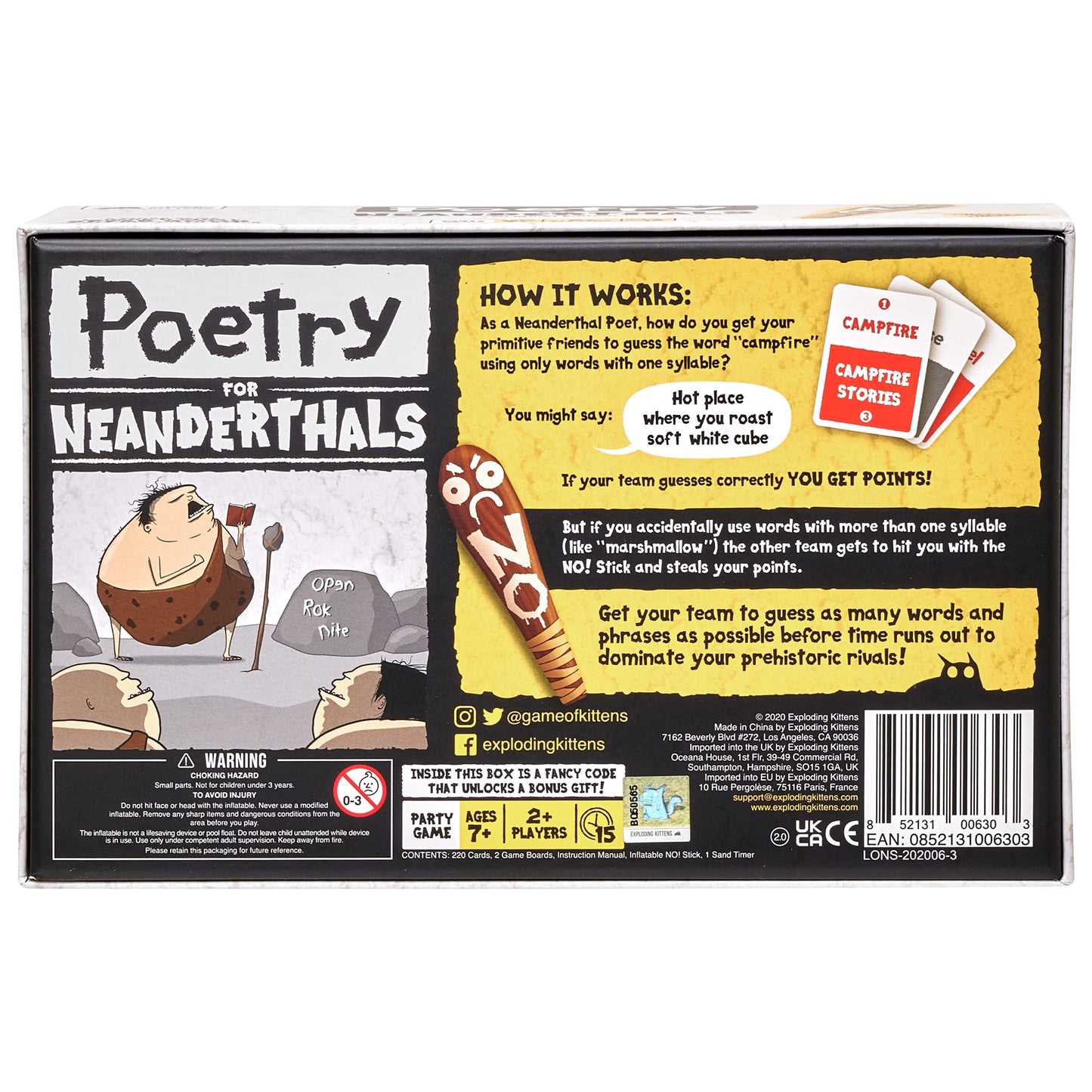 Exploding Kittens Presents Poetry For Neanderthals - Family Card Game For Adults, Teens & Kids - Competitive Word Guessing Family Games, Ages 7 And Up - Includes 200 Cards And A 2-Foot Inflatable Club