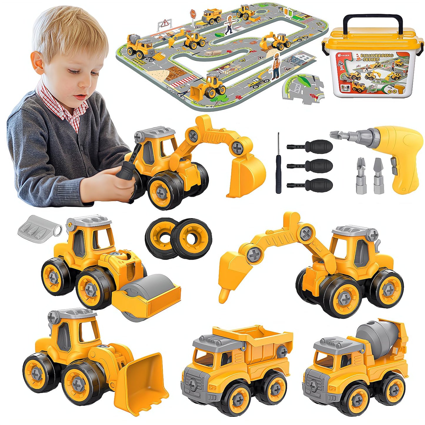 Trovogil Take Apart Construction Truck Excavator Toy, STEM Building Set, 1:64 Scale, Educational Plastic Toy for Kids Ages 3-8