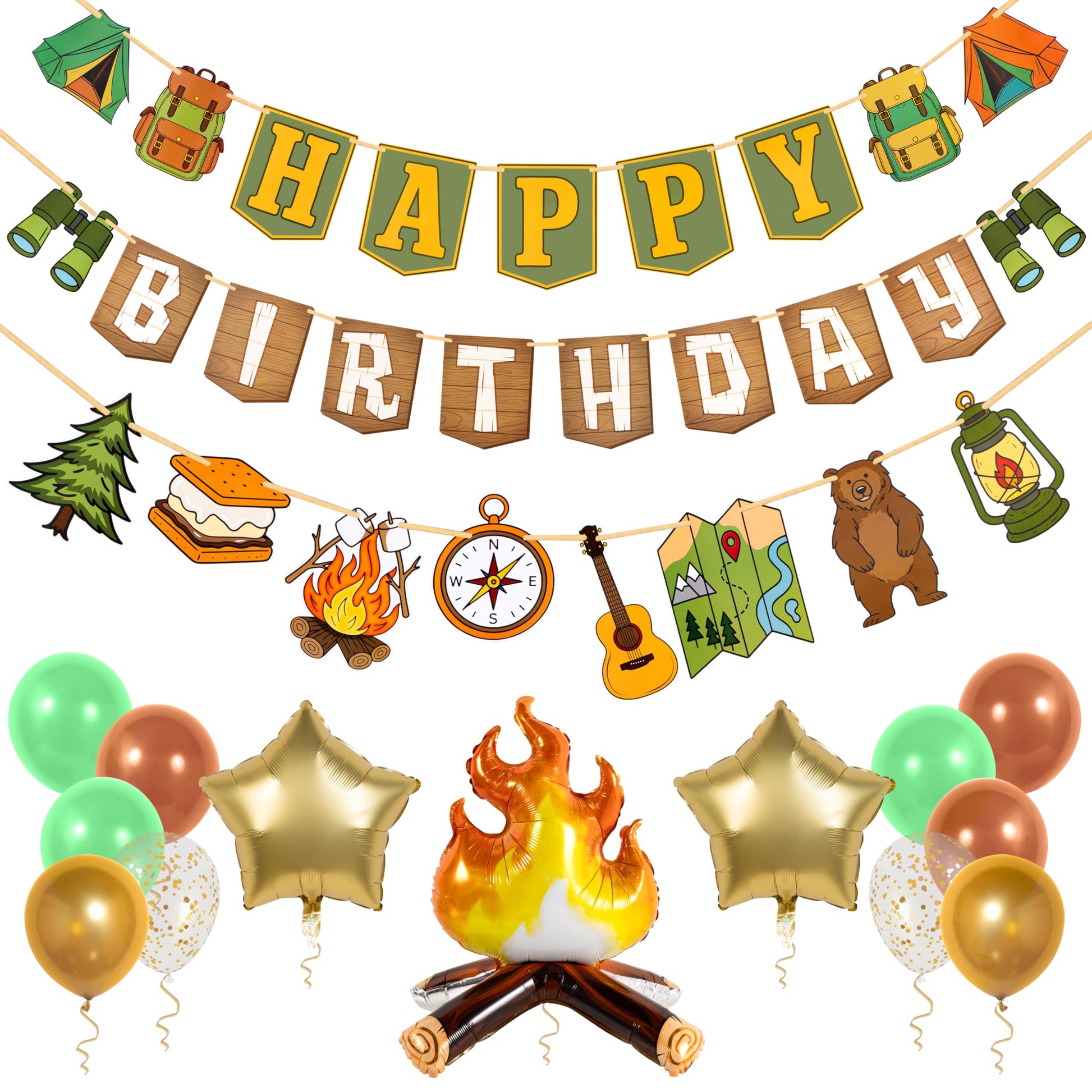 Pirese One Happy Camper Birthday Decorations, Camping Birthday Party Decorations, Campfire Camping Banner Party Kit with Balloon