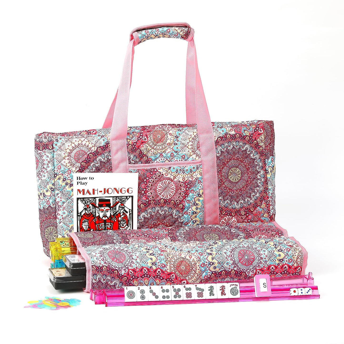 Kyerlish American Mahjong Tile Set with Pink Printed Carrying Bag  166 enhanced Tiles  4 All-in-One Color Racks/Pushers  Mah Jongg Sets  Mahjong Game Set for Travel  Christmas  Birthday Gifts