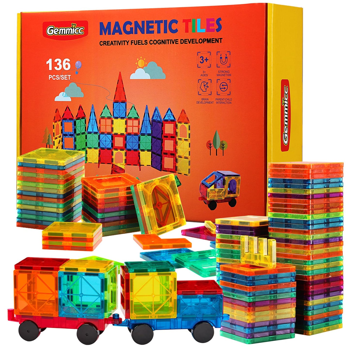 Gemmicc Magnetic Tiles, Deluxe 136 Pcs Building Blocks Magnet Toys For Kids,3D Magnet Puzzles Stacking Blocks For Boys Girls,Huge Set With 2 Cars