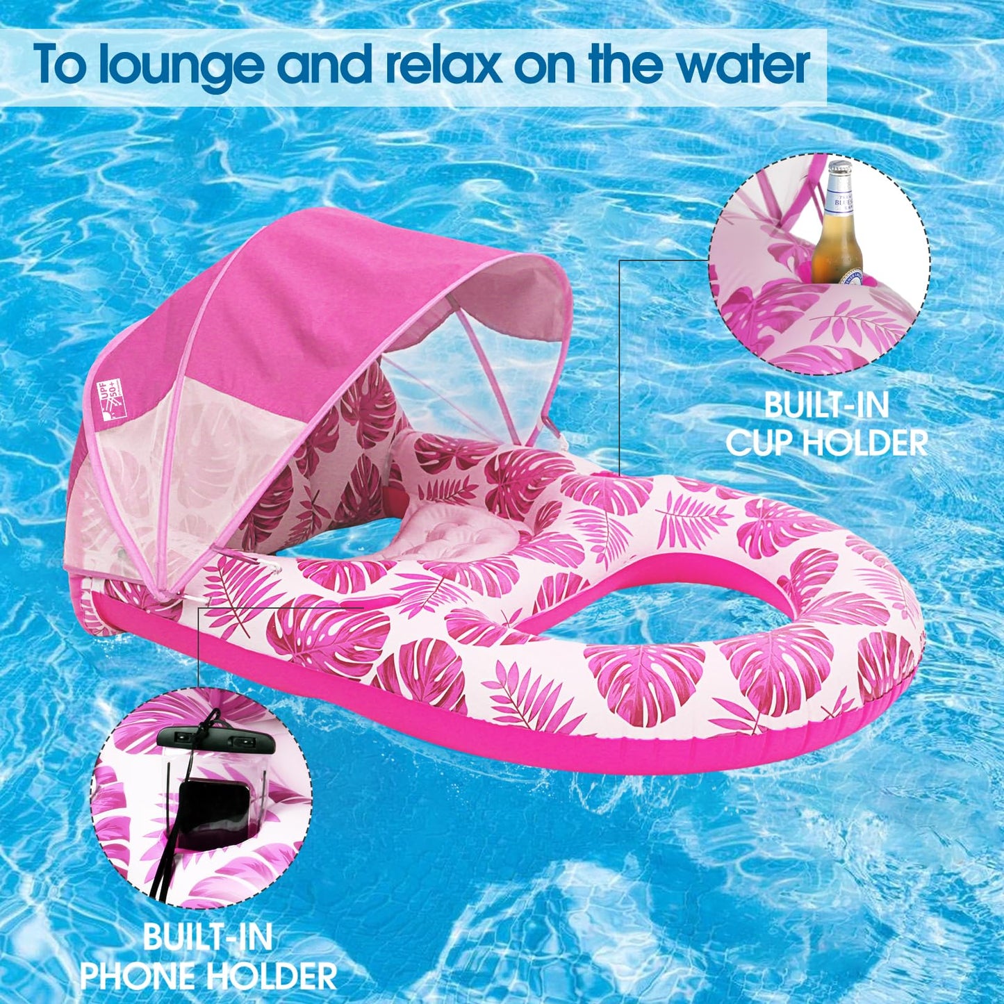 Coolcooldee Pool Lounge Float With Canopy Upf50+,Extra Large Pool Floats For Adults Heavy Duty,Inflatable Lounger Float With Cup Holder & Backrest,Footrest(Pink)