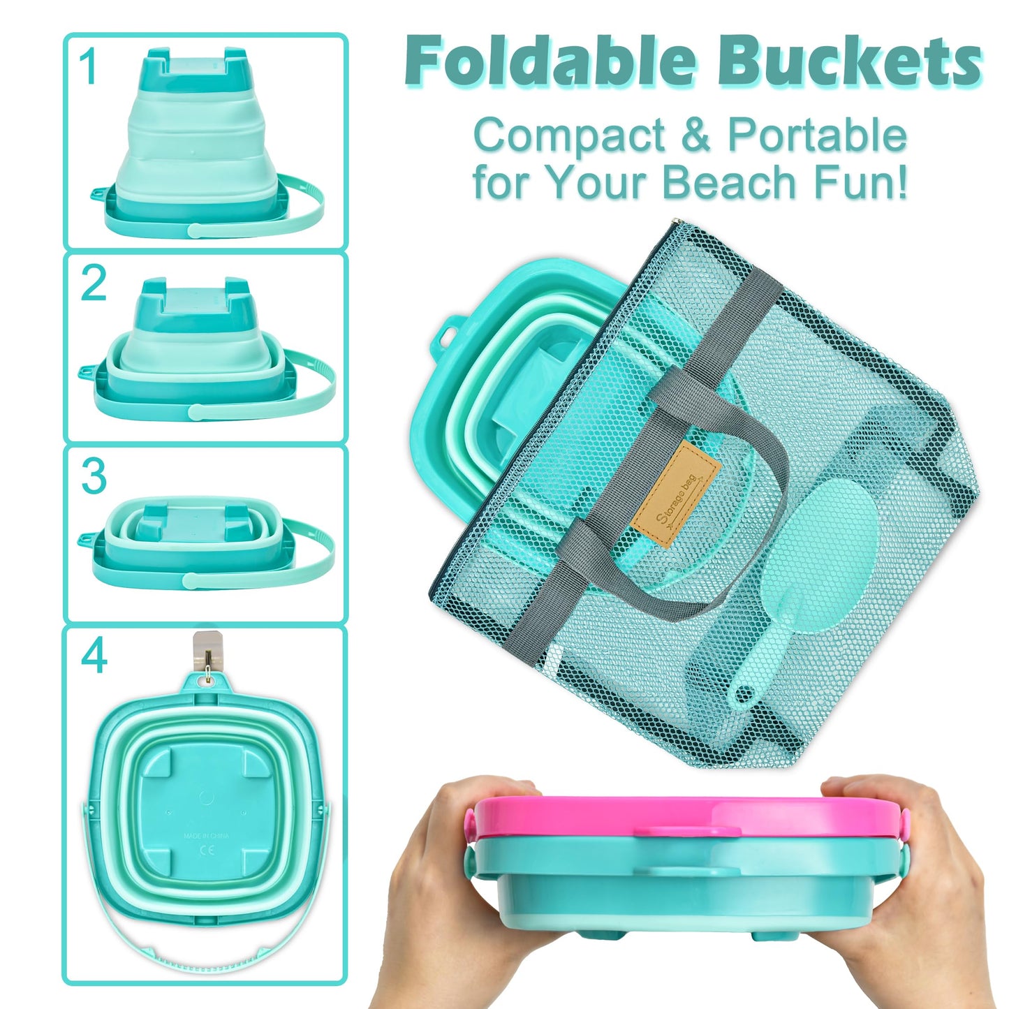 Aclarastra Collapsible Beach Sand Toys for Kids - Travel Beach Toys with 2 Collapsible Beach Buckets, Mesh Bags, Animal Sand Mol