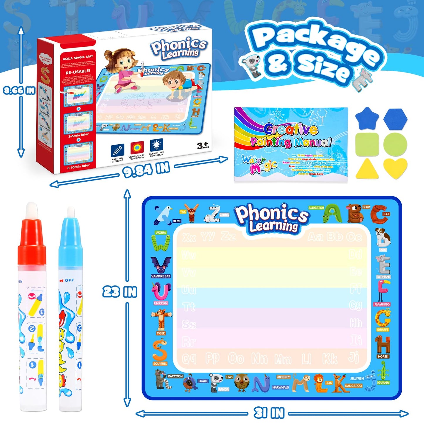 Toddler Toys For 2 3 4 5 Year Old Kids Boys Girls, Water Doodle Mat For Toddlers 2-5 Preschool Educational Learning Toys Halloween Birthday Easter Basket Stuffers Gift For 2-8 Year Old Boys Girls Blue