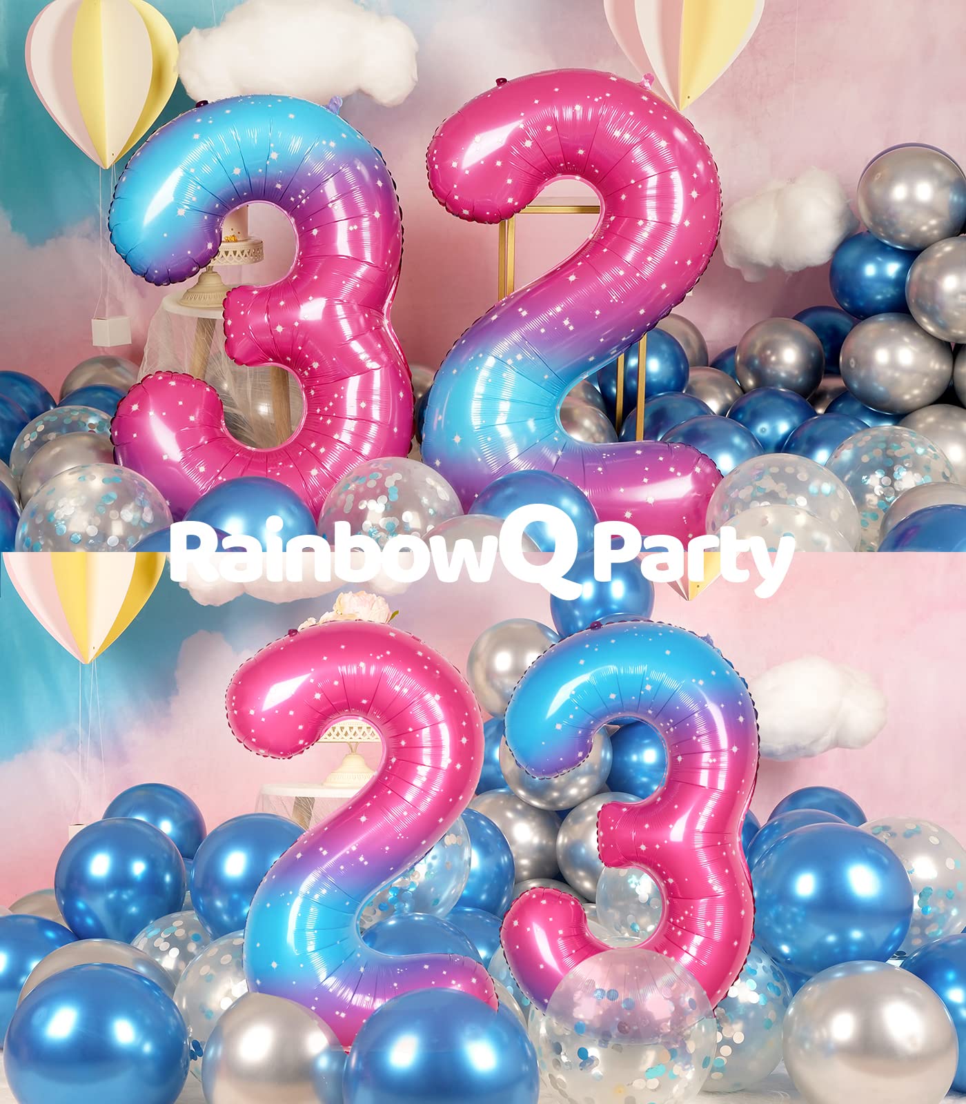 Rainbowq 32 Number Balloons 40 Inch For Women Big Starry 0-9 Foil Mylar Large Number Balloons 23 Happy 32Nd Birthday Party Anniv