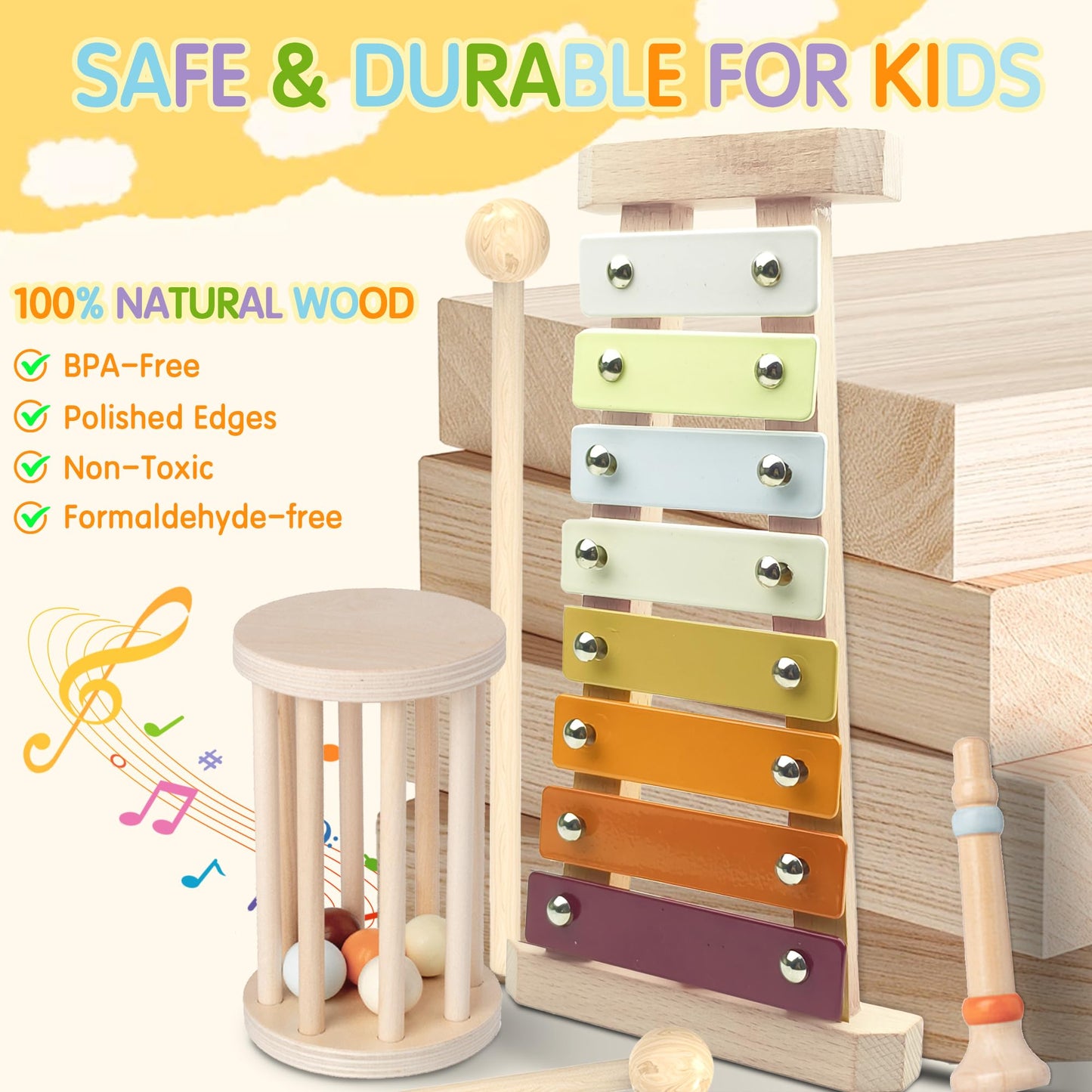 Baby Musical Instruments, Montessori Wooden Toys For Toddlers, Premium Wooden Musical Instrument Set For Kids Preschool Educatio