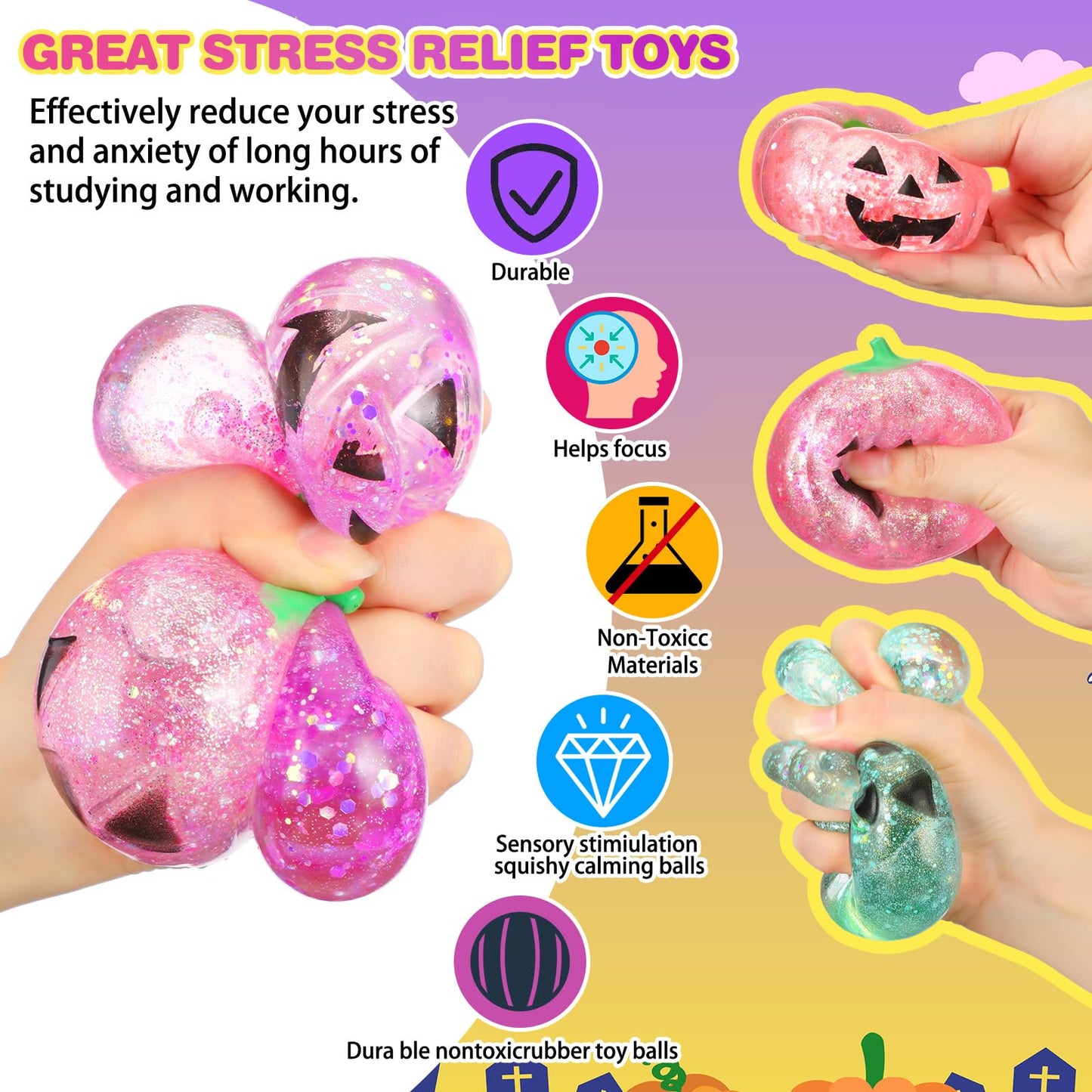 Meooeck 12 Pcs Halloween Pumpkin Stress Balls Bulk 3.2 Inches Halloween Party Favors Pumpkin Sensory Fidget Squeeze Toys Stress Relief Toys for Kids mature-themed Goodie Bag Basket Stuffers Gift ADHD Anxiety