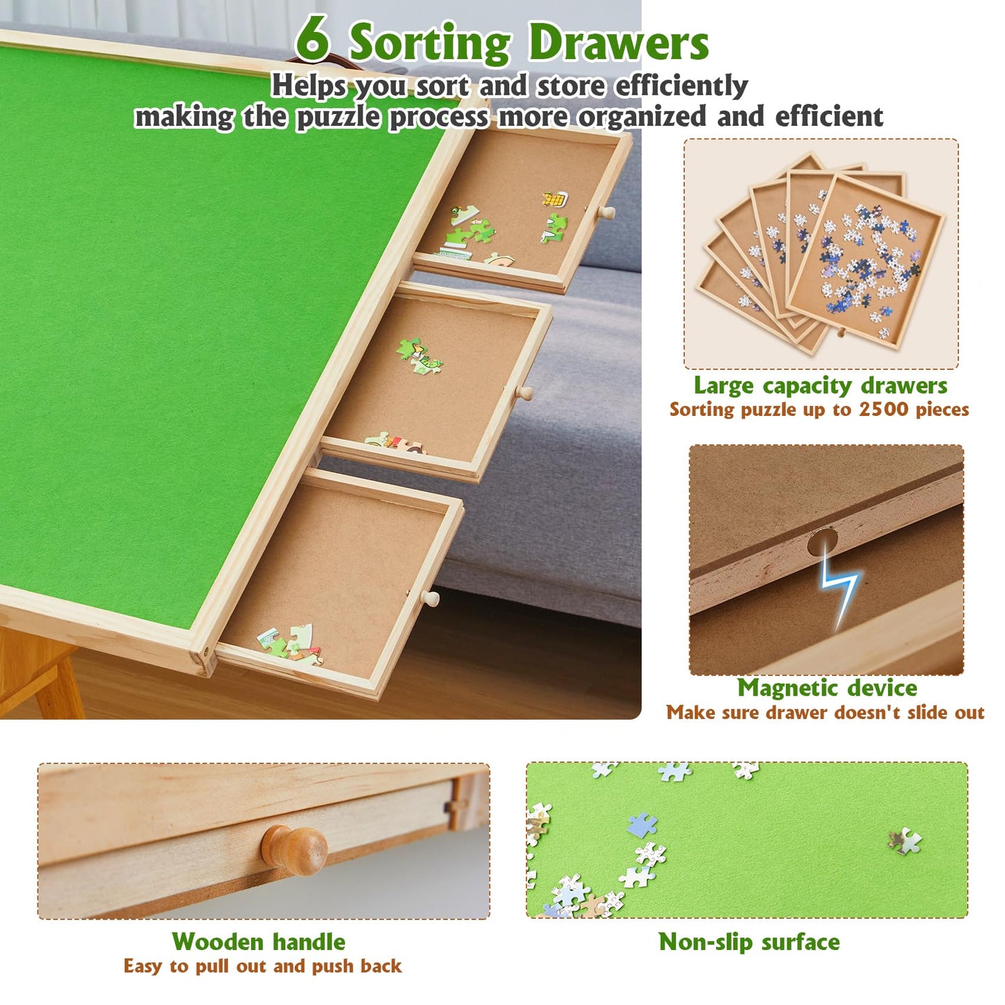 2500Pcs Wooden Rotating Puzzle Board With 6 Drawers, Light And Portable Jigsaw Puzzle Board With Cover, Adjustable Puzzle Table