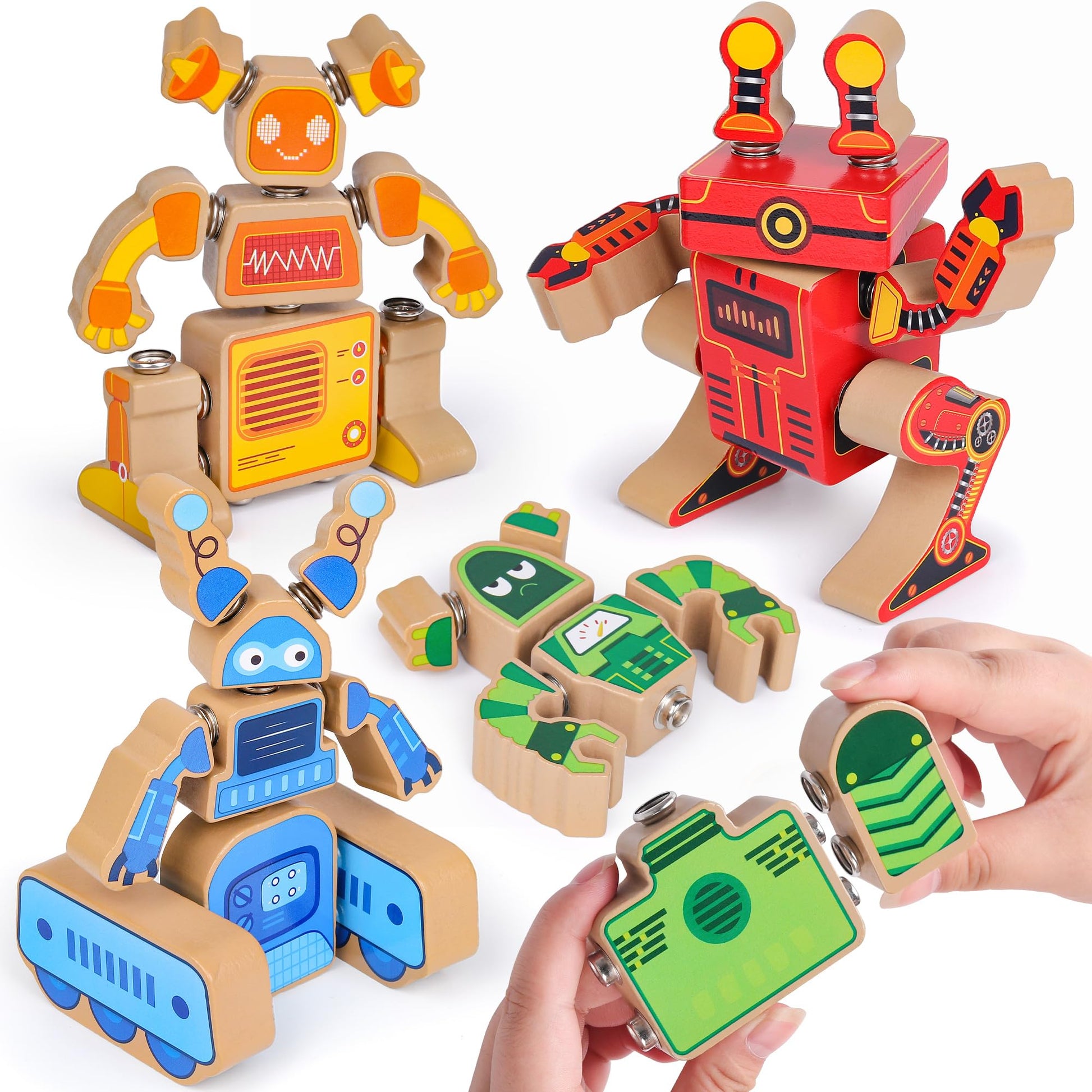 Coogam Fine Motor Building Robot Blocks For 3 4 5 Years Old Kids, Wooden Snap Together Robot Builders, Stem Take Apart Robot Playset, Educational Learning Toy Gift For Boys Girls