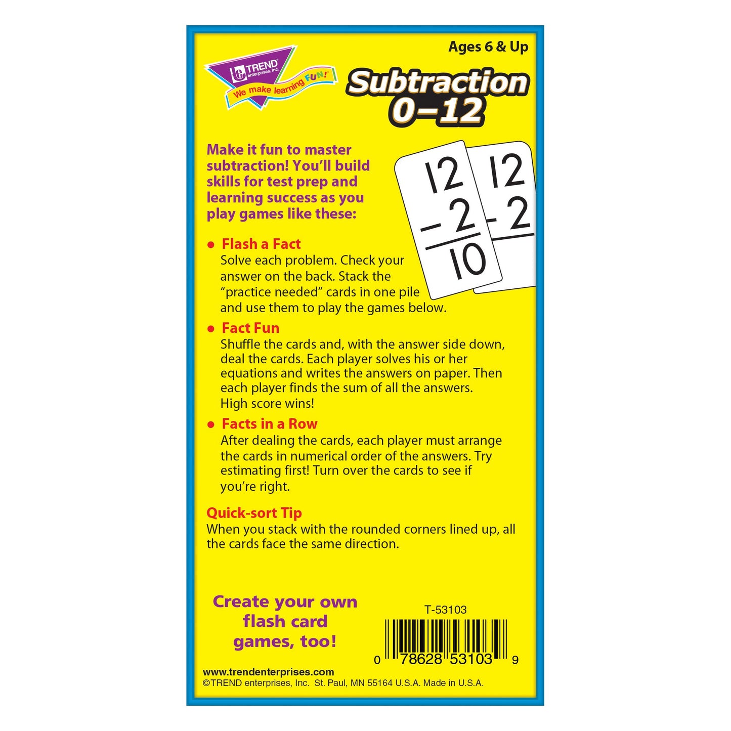 Trend T53103 Skill Drill Flash Cards, 3 X 6, Subtraction