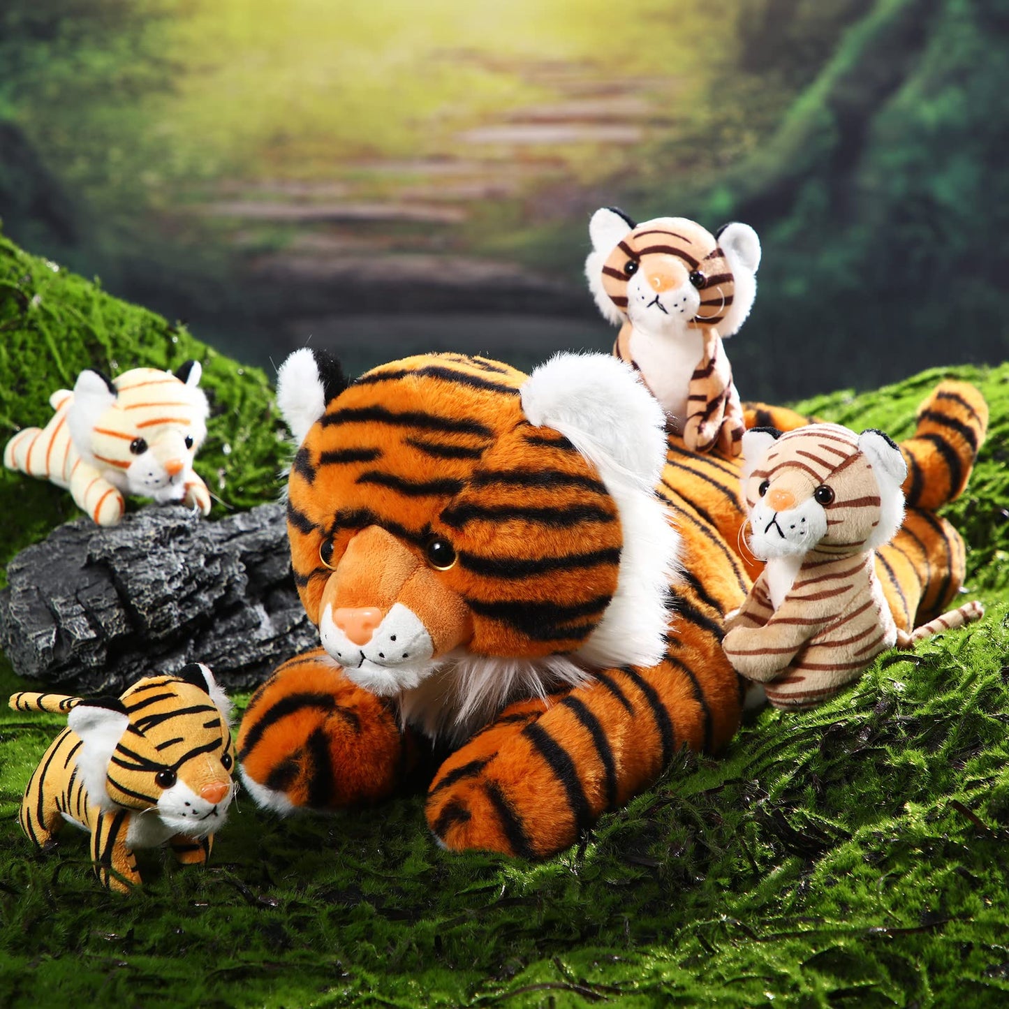 Threan 5 Pcs Tiger Stuffed Animals Plush Toy Set 16 Inch Stuffed Mommy Tiger With 4 Baby Cubs In Zippered Belly Cuddly Plushies For Kids Boys Girls Birthday Gifts Forest Party Favor Decors(Cute)