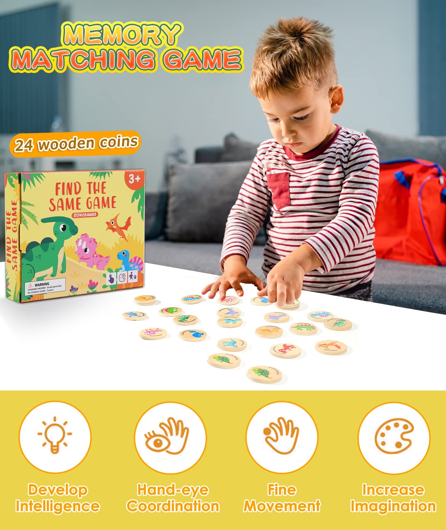 Protado Wooden Match Memory Game For Kids, 24Pc Memory Matching Cards With 5Pc Tattoo Stickers, Educational Memory Matching Game For Pre-Kindergarten Early Learning Development Kids-Dinosaur