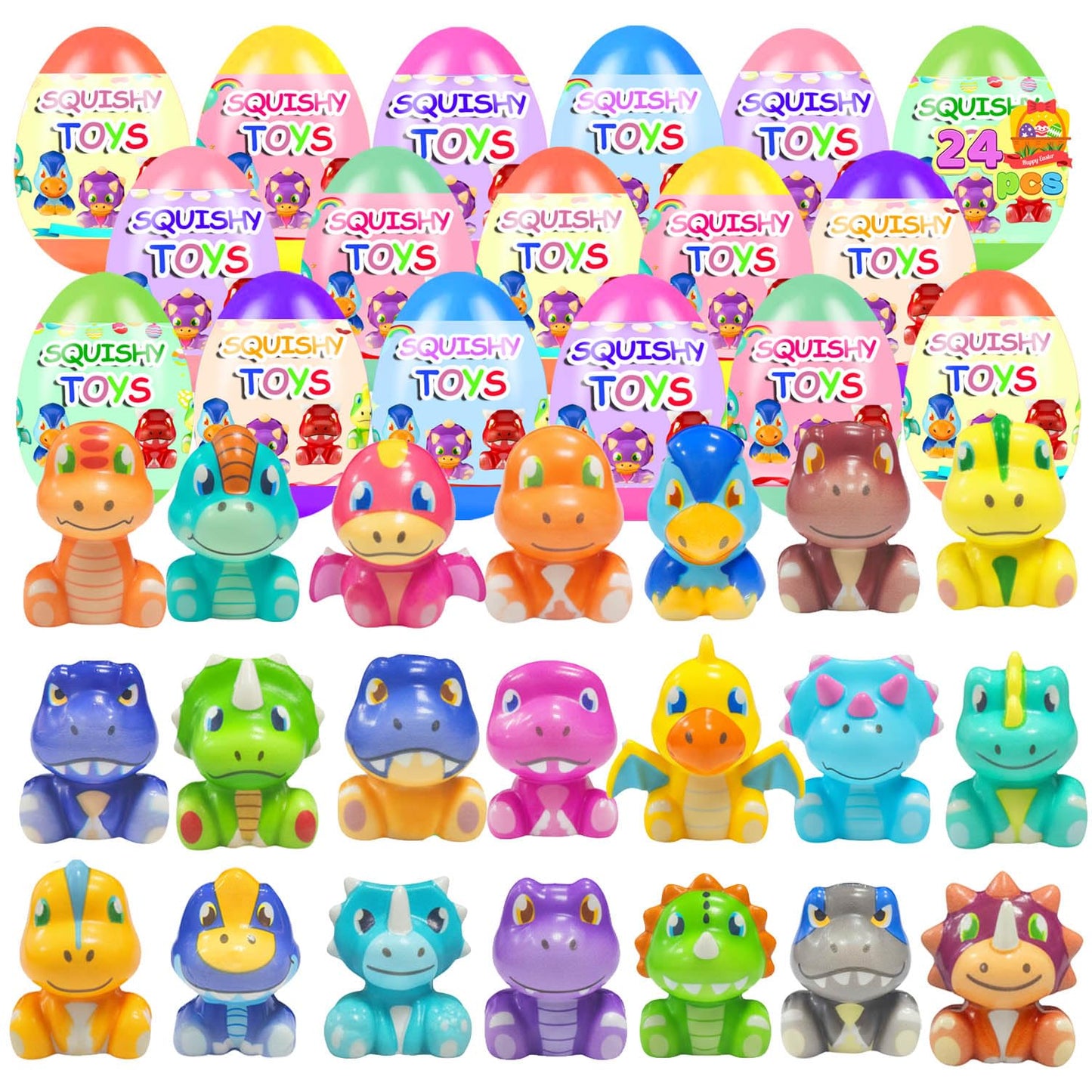 24 Pack Prefilled Easter Eggs with Dinosour Squishy Toys Inside Squeeze Toys for Kids Girls Boys Easter Basket Stuffers Egg Fill