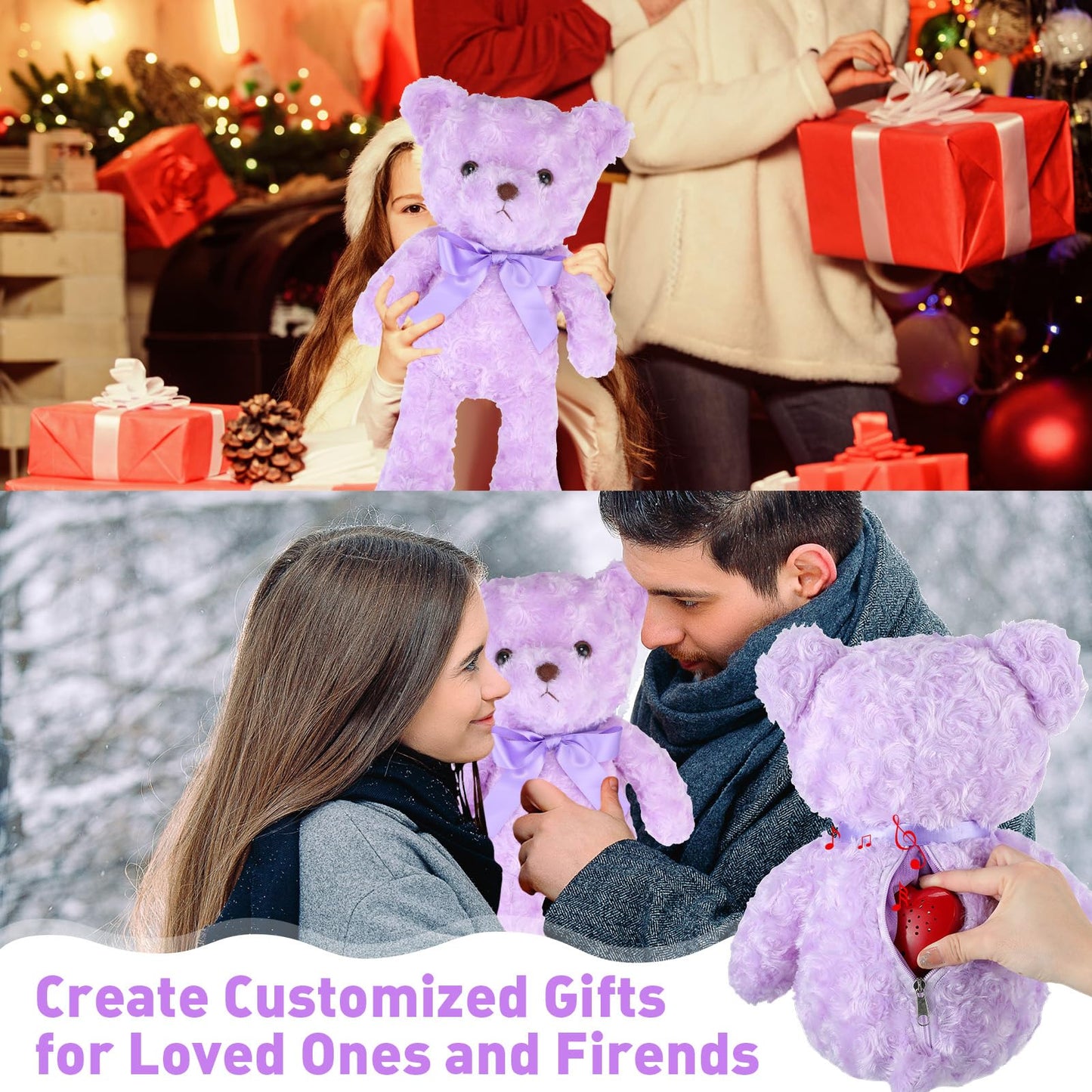Hungdao Bear Stuffed Animals With Voice Recorder Set, 60 Seconds Voice Sound Recorder Module 16 Inch Soft Plush Bear Cute Stuffed Bear With Zipper Sound Box Recordable Heart For Boys Girls (Purple)