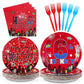 Grencian 96Pcs Halloween Cartoon Spider Birthday Party Decorations Red Blue Spider 6th Birthday Party Plates Disposable Super Th