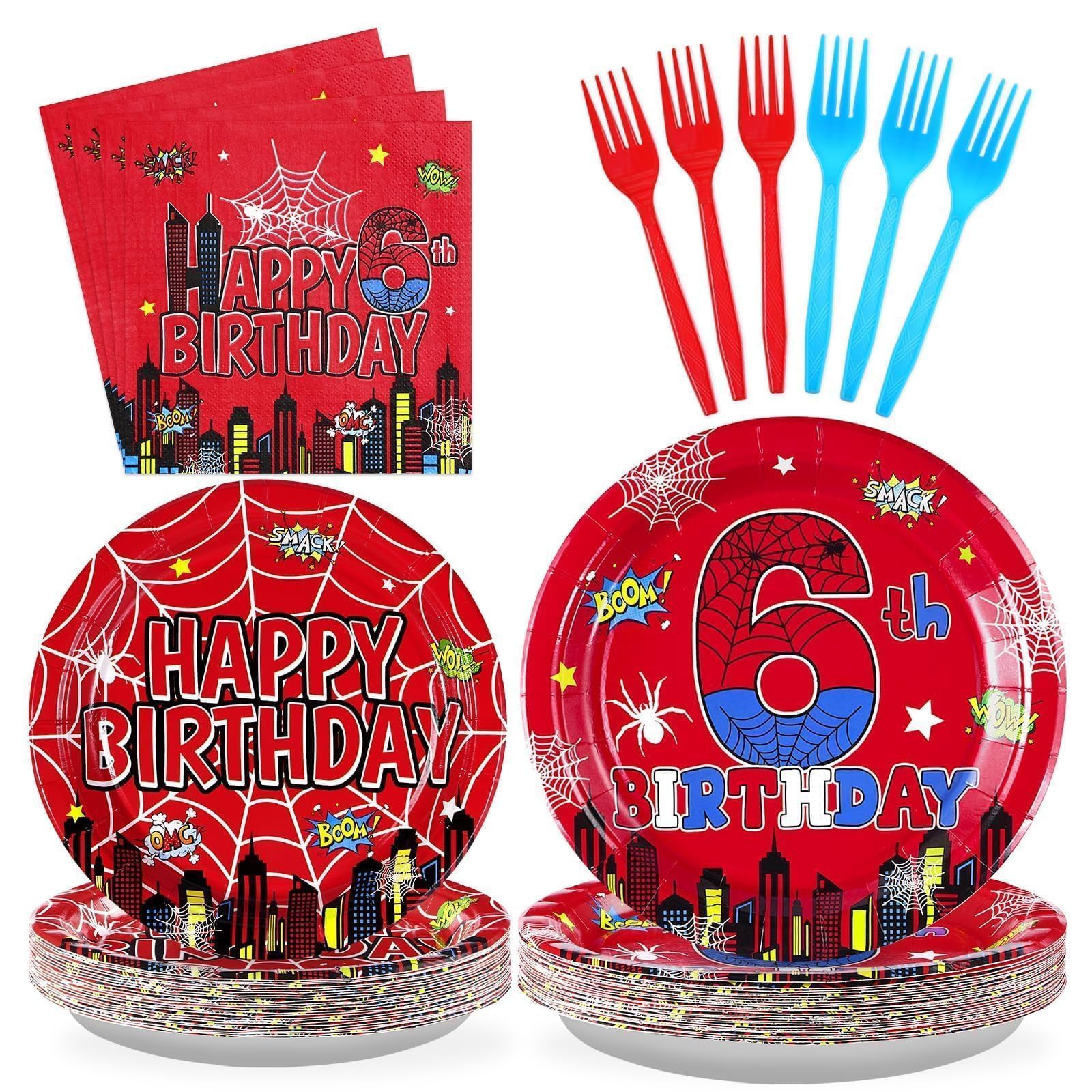 Grencian 96Pcs Halloween Cartoon Spider Birthday Party Decorations Red Blue Spider 6th Birthday Party Plates Disposable Super Th