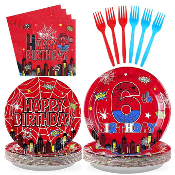 Grencian 96Pcs Halloween Cartoon Spider Birthday Party Decorations Red Blue Spider 6th Birthday Party Plates Disposable Super Th