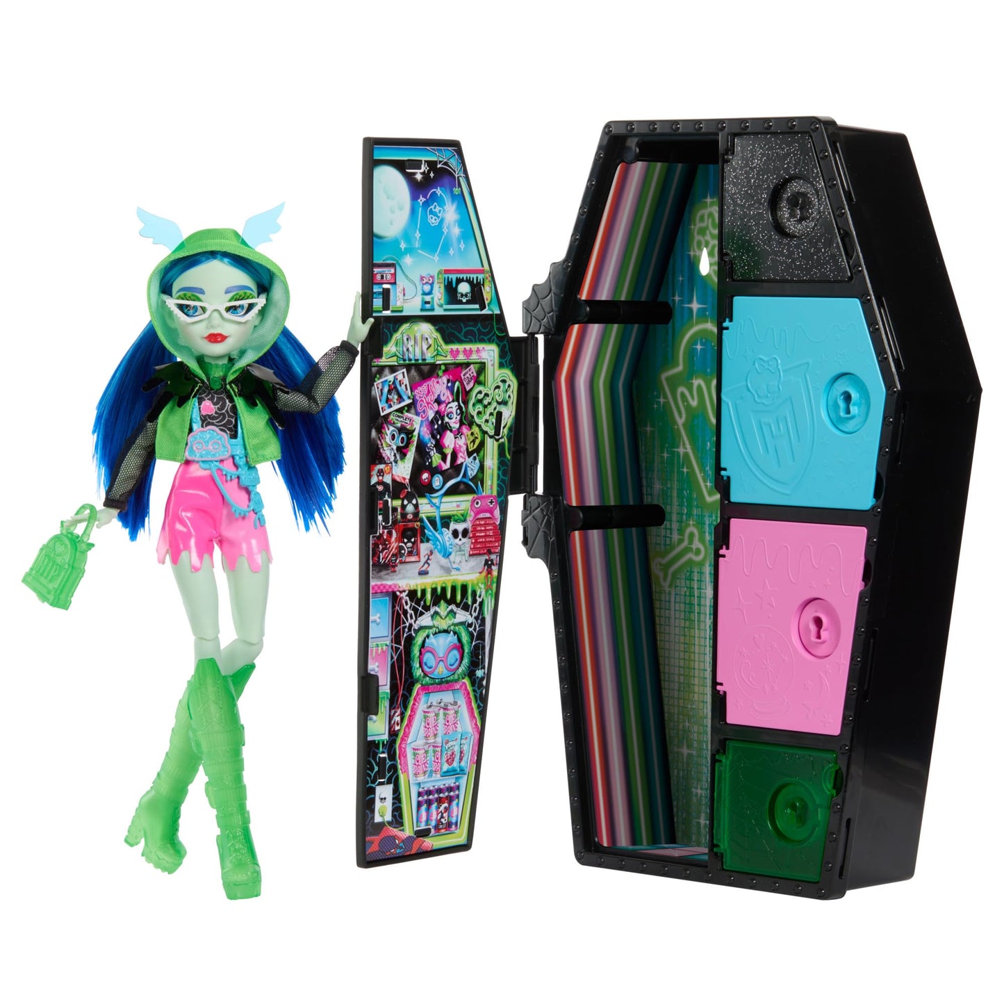 Monster High Monstrous Secrets Neon Scare Series Set With Articulated Doll Ghoulia Yelps, Locker, Over 19 Surprises, Over 125 Lo