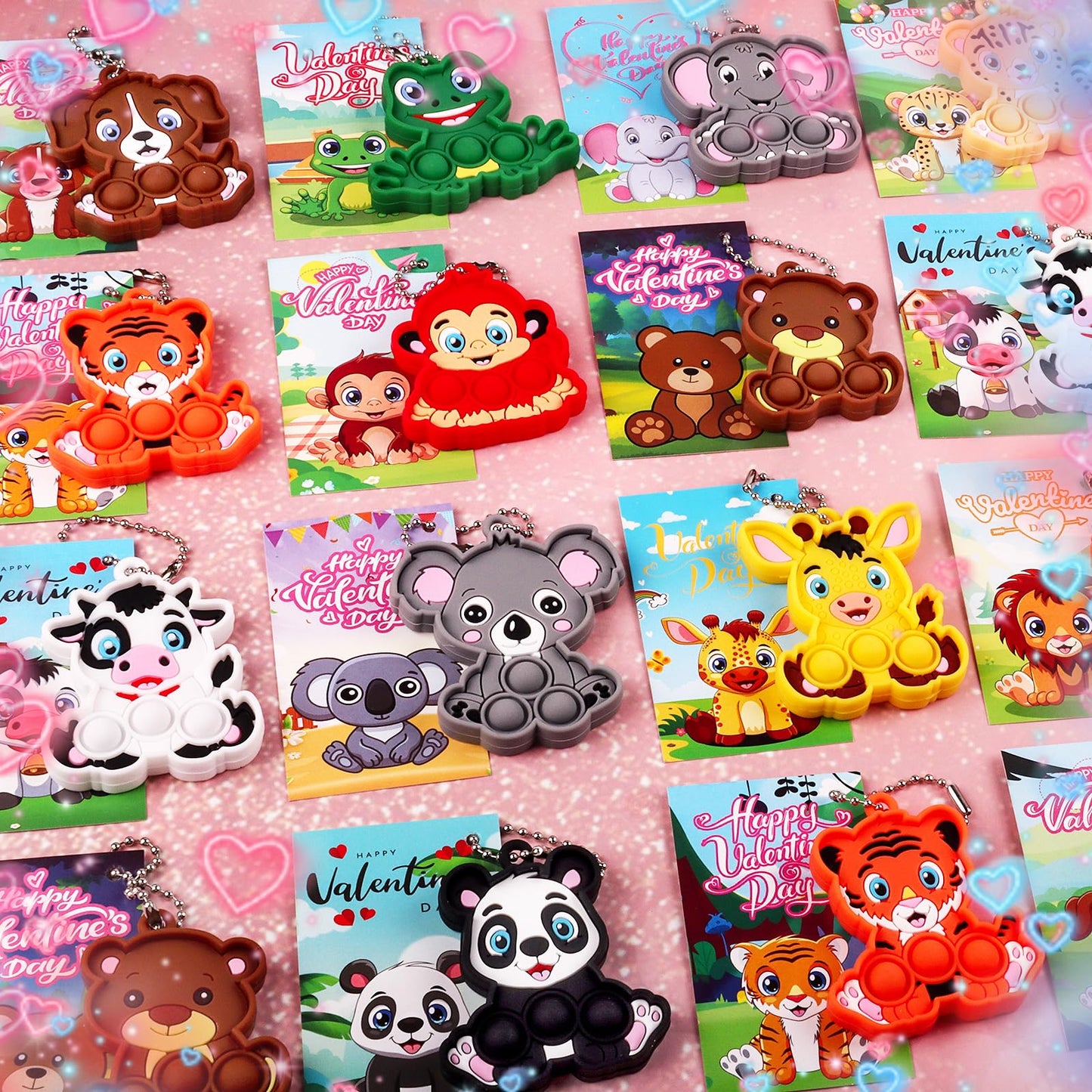 24 PACK Valentines Day Gifts for Kids,Valentines Cards for Kids Classroom with Animals Pop Fidget Toys,Valentines Exchange Gifts