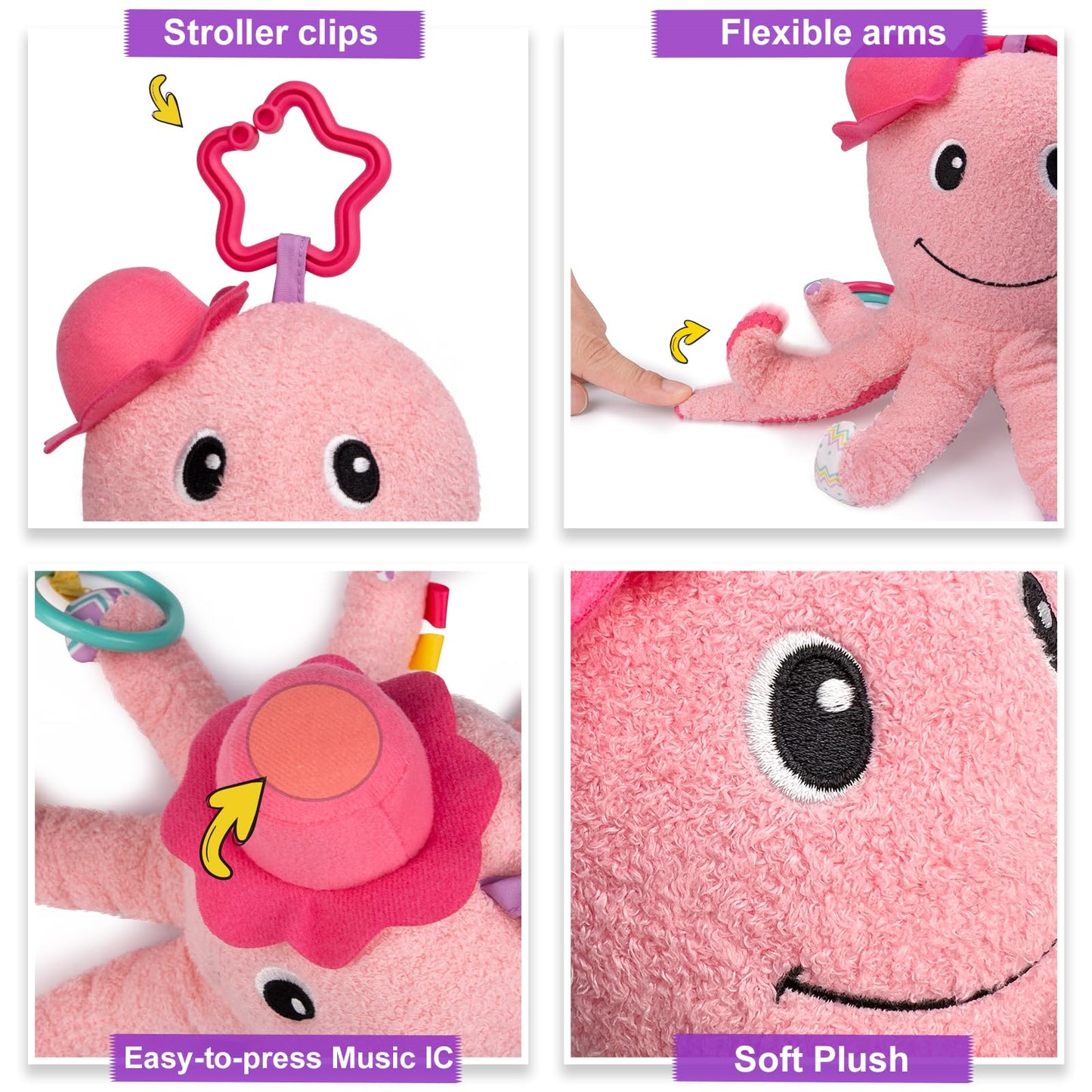 TURKIDS Infant Baby Girls Musical Stuffed Animal Activity Soft Toys with Multi-Sensory Crinkle, Mirror, Rattle and Textures for