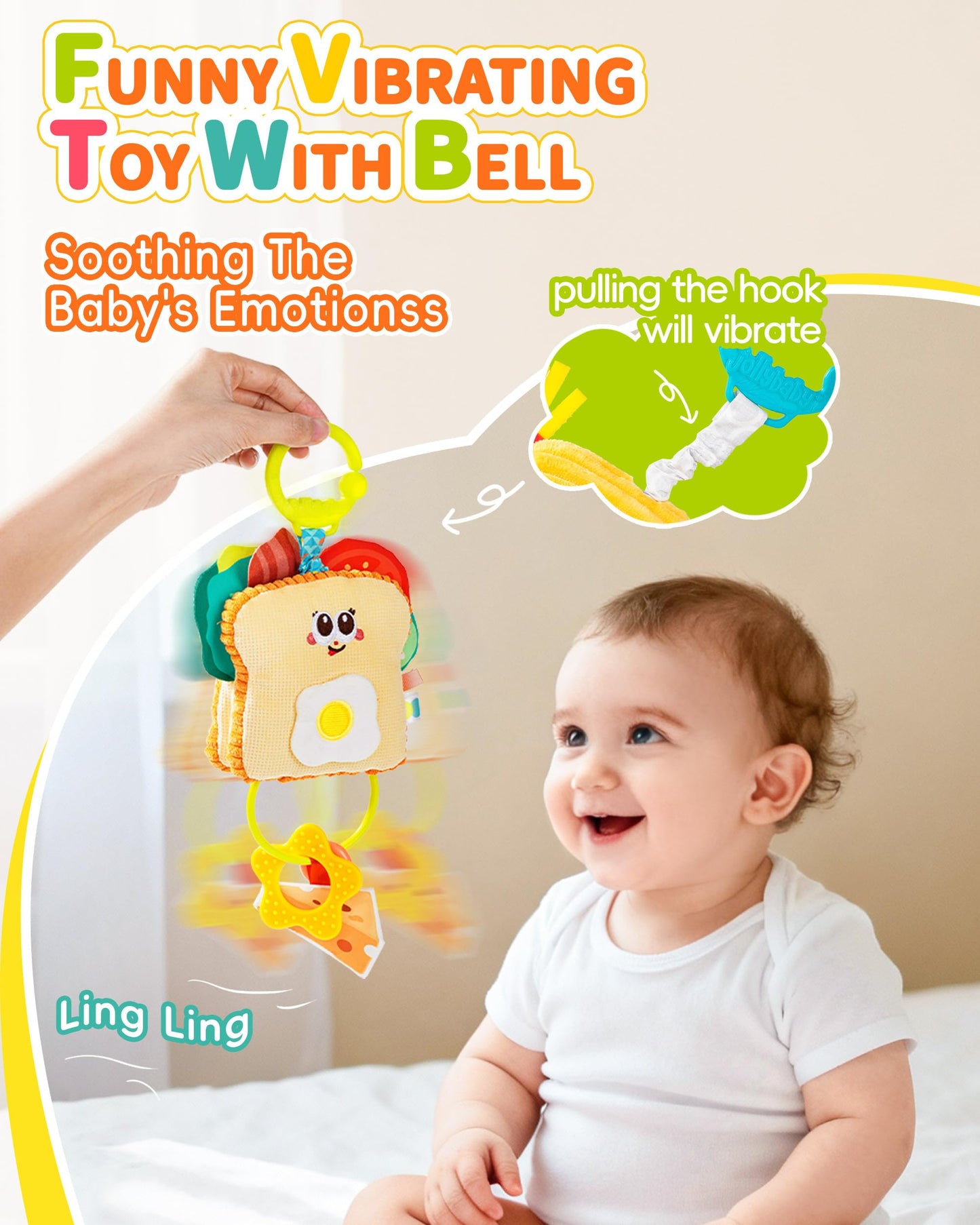 Jollybaby Baby Pull Vibration Toy - Tummy Time Sensory Hanging Toys for Car Seat  Stroller  Crib & Play Gym  with Babies Rattles & Teether  Air Travel Toys for Toddlers Gift- Toast